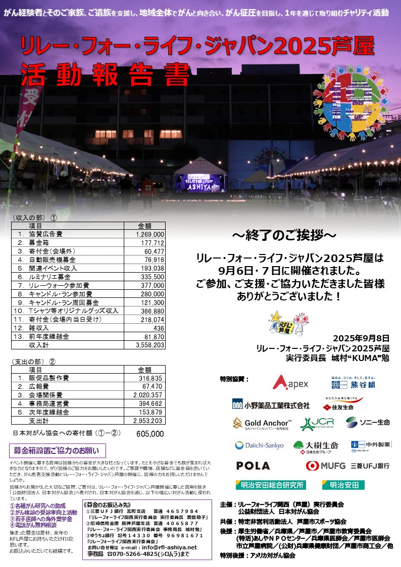 リレー・フォー・ライフ・ジャパン2025芦屋 報告書表面